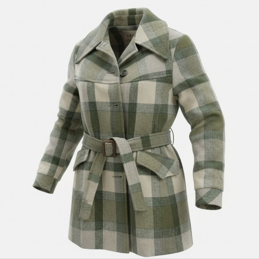 Vintage Canadian Made Gabor Olive and Cream Plaid Trench Coat Size Small/medium